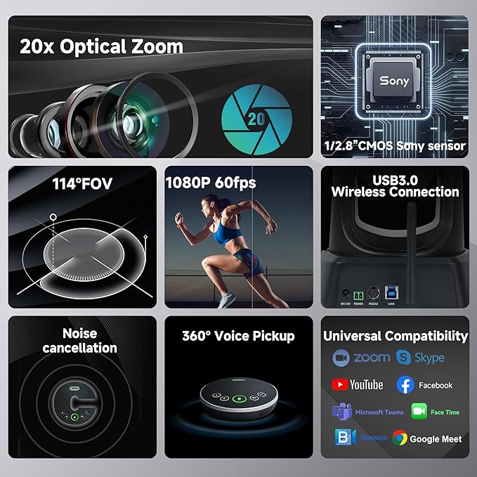 Wireless Conference Room Webcam, Church Live Streaming 20X USB 1080P 60fps PTZ Camera for Worship Services Online Conference, Works with Zoom, Skype OBS Easy to Set Up