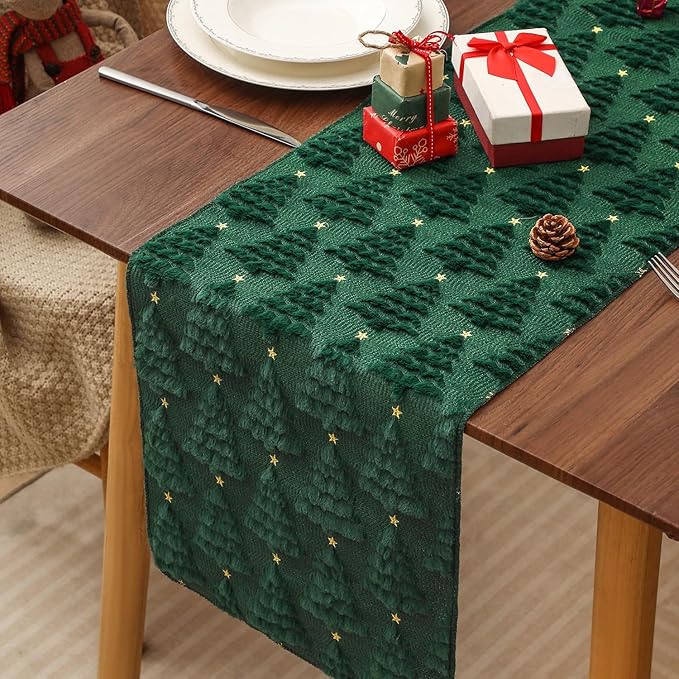 Christmas Table Runner 13x108 Inch, Xmas Trees Star Winter Holiday Decorative Farmhouse Table Decorations for Kitchen Dinning, Indoor Outdoor Dinner Party Decor (Green)