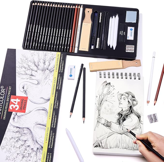 Drawing Sketching Pencils Set, 34 Pieces Pro Art Pencil Kit - Graphite Pencils (14B-4H), Charcoal Pencils, Charcoal Sticks, Artist Pencils for Beginners & Pro Artists