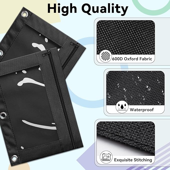 V-Opitos Pencil Pouch for 3 Ring Binder, 2 Pack 3-Holes Zipper Pencil Pouches, Sturdy and Durable Cloth Pencil Case with Clear Window for Office School College Supplies