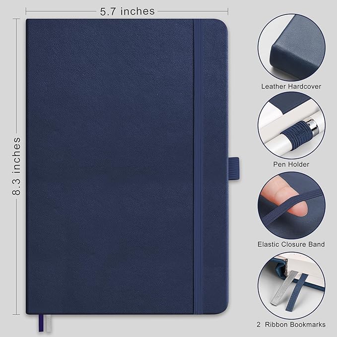RETTACY Lined Journal Notebook, 2-Pack, 192 Numbered Pages per Pack, A5 Medium Size (5.7'' x 8.3''), for Men & Women, Writing, Work, Leather Hardcover, 100 GSM Thick Paper (Black & Navy Blue)
