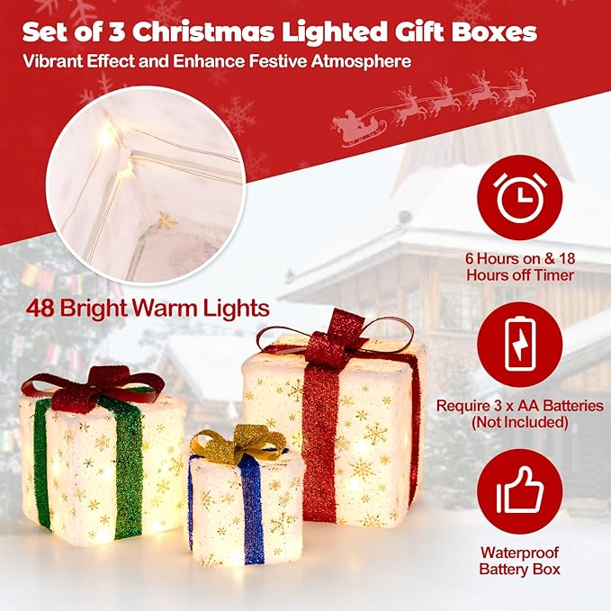 Tangkula Set of 3 Christmas Lighted Gift Boxes, Pre-lit Christmas Decoration with 48 Bright Warm Lights, Plush Boxes Decoration with Bows, Indoor Outdoor Present Boxes Ornament for Home Yard Holiday