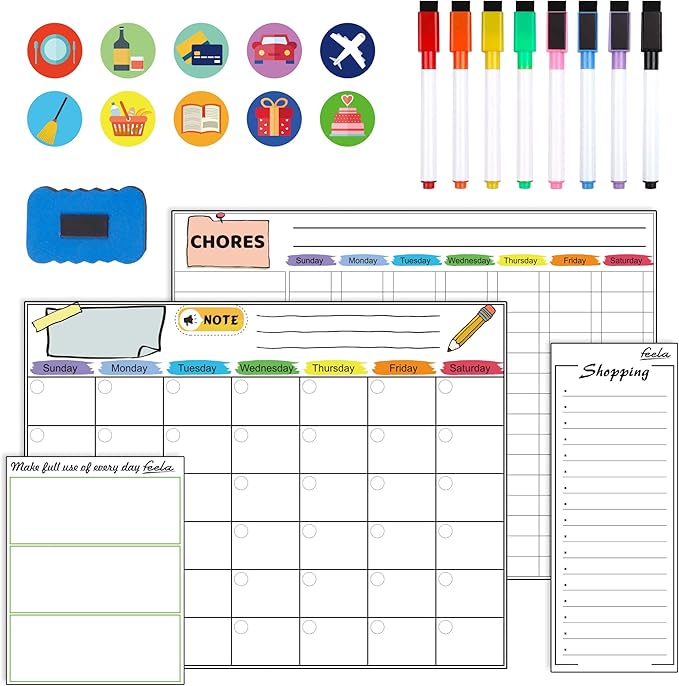 Magnetic Dry Erase 2025 Calendar Kit, 4 Pack Feela Magnetic Whiteboard Calendar for Refrigerator Includes 2 Large 17''x13'' Monthly Chalkboard 1 Grocery List 1 DIY Note for Home Office