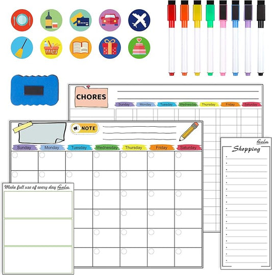 Magnetic Dry Erase 2025 Calendar Kit, 4 Pack Feela Magnetic Whiteboard Calendar for Refrigerator Includes 2 Large 17''x13'' Monthly Chalkboard 1 Grocery List 1 DIY Note for Home Office