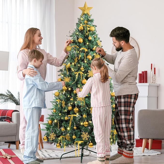 86Pcs Led Light Champagne Gold Christmas Tree Decorations Set 100 Led Light Christmas Star Trees Topper with String Lights Xmas Balls Snowflakes Ornaments Bows Xmas Trees Decor 20m Light String