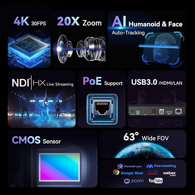 Tenveo 4K NDI PTZ Camera AI Humanoid & Face Auto-Tracking, HDMI/LAN/USB3.0 PoE PTZ Camera 20X Optical Zoom IP Live Streaming, for Church Services Worship Video Conference Live Streaming YouTube OBS