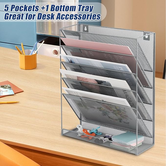EASEPRES Desk File Organizer Mesh 6-Tier, Hanging Wall Mount Document Organization Stand, Desktop Vertical Mail Paper Folder Holder Rack with Bottom Tray for Office Home Cubicle Countertop, Gray