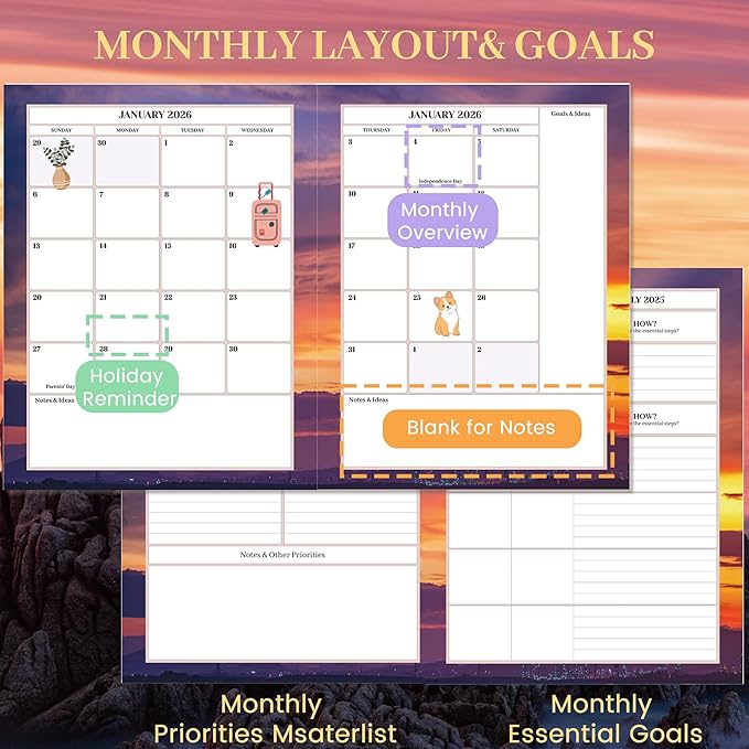 CAGIE 2026 planner Weekly and Monthly Jan 2026-Dec 2026 Hardcover Hourly Daily Planners for Women 26 Calendar Planner with Stickers Spiral Bound Yearly Agenda, 8.5 x 11, Purple
