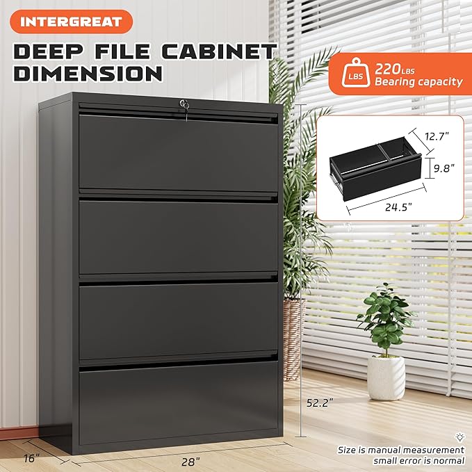 INTERGREAT 4 Drawer File Cabinet, Lateral File Cabinet with Lock, Metal Office Filing Cabinet with Adjustable Frame for Legal, Letter, A4 Files, Fast Assembeld, Black