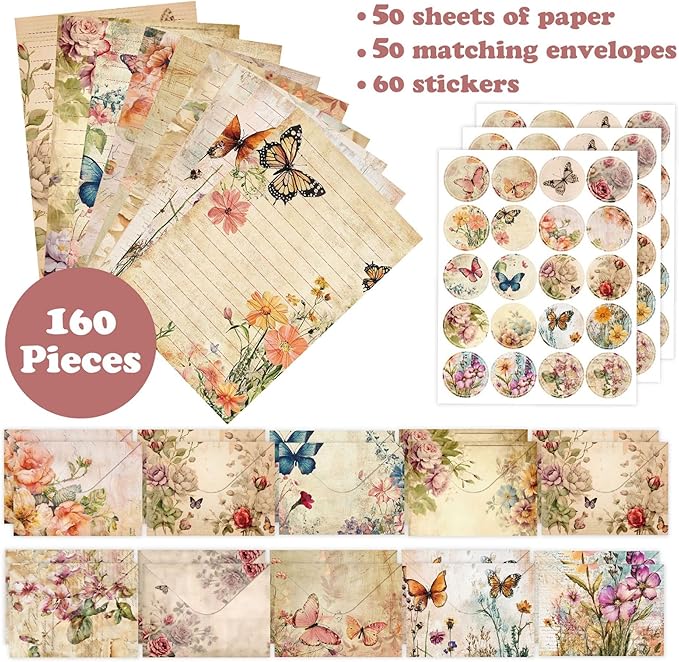 160 Packs Stationery Paper and Envelopes Set 10 Different Designs, 50 One Sided Stationery Writing Papers with 50 Matching Envelopes and 60 Round Dot Sticker, 5.5 x 8.25 Inch (VintagePlant)