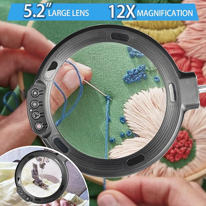 12X Floor Magnifying Glass with Light and Stand, 5.2" Large Floor Lamp Magnifier with 5 Color Modes 10 Dimmable Brightness, Hands Free Lighted Magnifying Glass with Clamp for Close Work Sewing (Black)