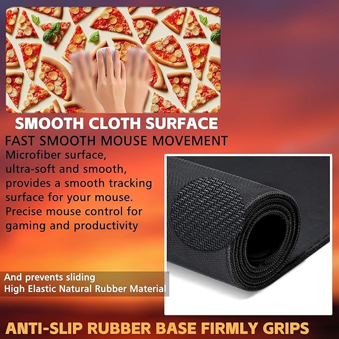 Desk Mat, Realistic Pizza Slices Desk Pad, Pizza Food Large Gaming Mouse Pad for Desk, 31.5"x15.7" Extended Big Computer Keyboard Mouse Pad with Non-Slip Base and Stitched Edge