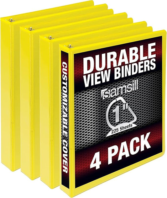 Samsill Durable 1 inch 3 Ring Binder, Made in USA, D Ring Binder, FSC 100% Recycled Chipboard, Yellow, 4 Pack