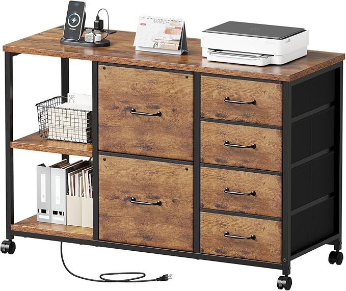 6 Drawer File Cabinet with Charging Station Rolling Printer Stand with Open Storage Shelf Fabric Lateral Filing Cabinet for Home Office,Rustic Brown2
