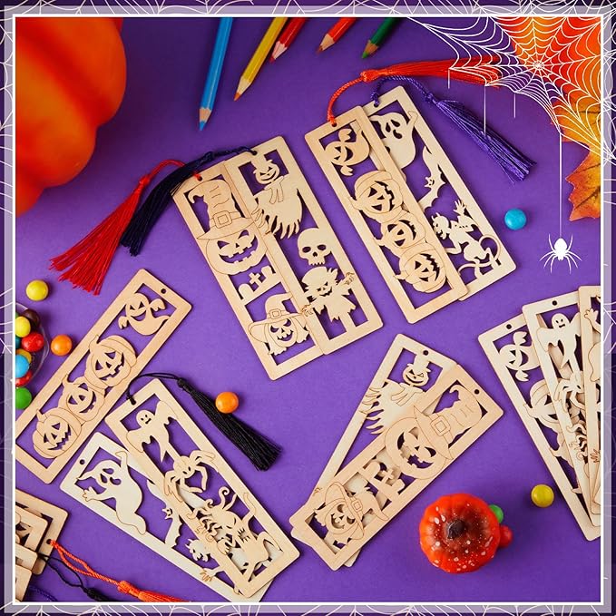 Yexiya 200 Pcs Halloween DIY Wood Bookmarks Kit Unfinished Color Your Own Hollow with Tassel 100 Set Back to School Art Ghost Spider Skull Pumpkins Supplies for Students Thanksgiving Reward Fillers