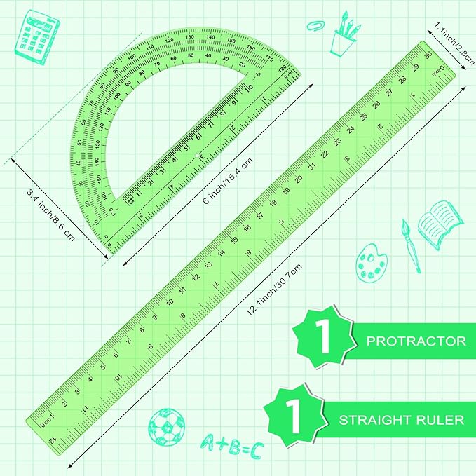 Zonon 2 Pack 12'' Plastic Ruler and 6'' Plastic Protractor Set Clear Ruler Protractor Set Math Geometry Supplies for School Classroom Home Office Drawing(Green)