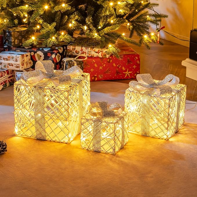 Tangkula Set of 3 Lighted Box, Pre-Lit Festive Boxes w/ 50 LED Lights, Detachable Bows & Sparkling Crystals, Indoor Outdoor Rope-Woven Present Boxes for Yard, Home