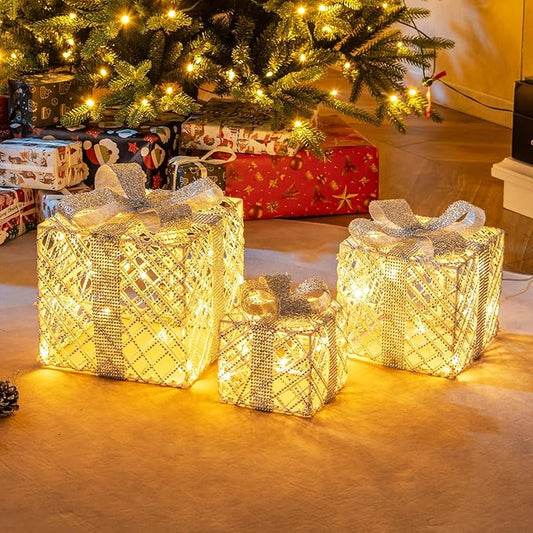 Tangkula Set of 3 Lighted Box, Pre-Lit Festive Boxes w/ 50 LED Lights, Detachable Bows & Sparkling Crystals, Indoor Outdoor Rope-Woven Present Boxes for Yard, Home