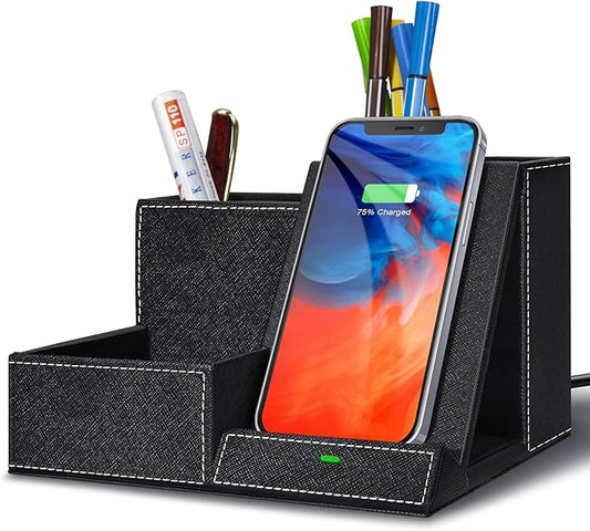 TopMade Wireless Charger with Desk Nightstand Organizer, PU Leather Pen Pencil Holder Fast Charging Station, Office Supplies for Iphone Charging Stand, Anniversary Birthday Gifts for Men(Black)