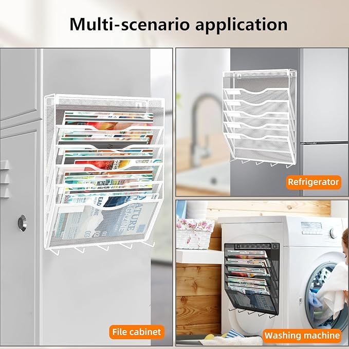 6 Tier Magnetic File Holder with Hook, Magnetic File Organizer Folder Holder, Wall File Organizer, Hanging Magnetic Paper Holder for File Cabinets, Office, Whiteboard, Magnetic Mail Holder