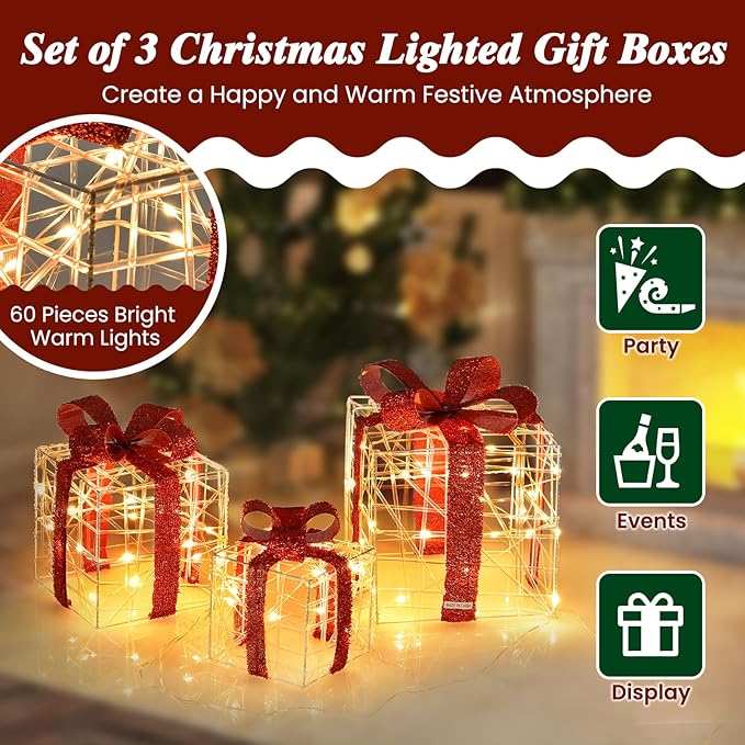 Tangkula Set of 3 Christmas Lighted Gift Boxes, Christmas Box Decorations with 60 LED Lights, Small Medium and Large Presents Boxes with Waterproof Plug, Suitable for Indoor and Outdoor