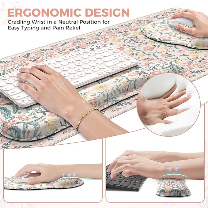 iCasso Desk Pad Mat, Large Mouse Pad and Keyboard Wrist Rest Set, Desk Protector Mat,4in1 Ergonomic Carpal Tunnel Keyboard Pad with Wrist Support for Desktop Cover Home Office Computer(Pink Flowers)