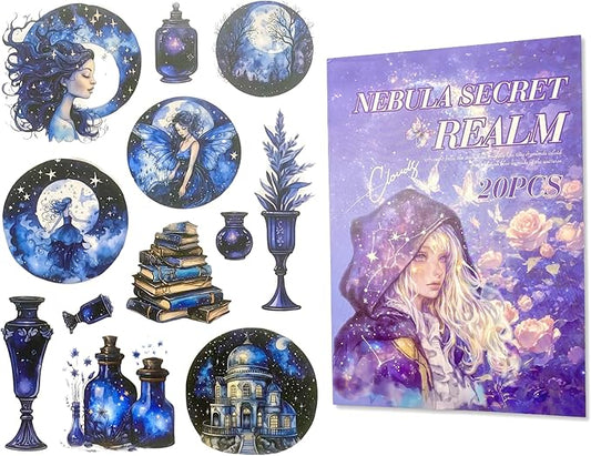 TIAMECH Nebula Secret Realm Sticker Book - Witch Magic Cat Series, 20 Sheets PET & Washi Stickers for Scrapbooking, Ephemera, Waterproof Junk Journaling Supplies & DIY Crafts (Size 10.5 x 7.1in)