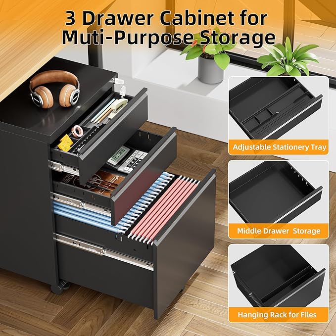 INTERGREAT 3 Drawer File Cabinet, Metal Filling Cabinets with Lock, Locking Office Mobile Cabinet with Wheels for Legal/Letter Size, Under Desk, Assembled, Black