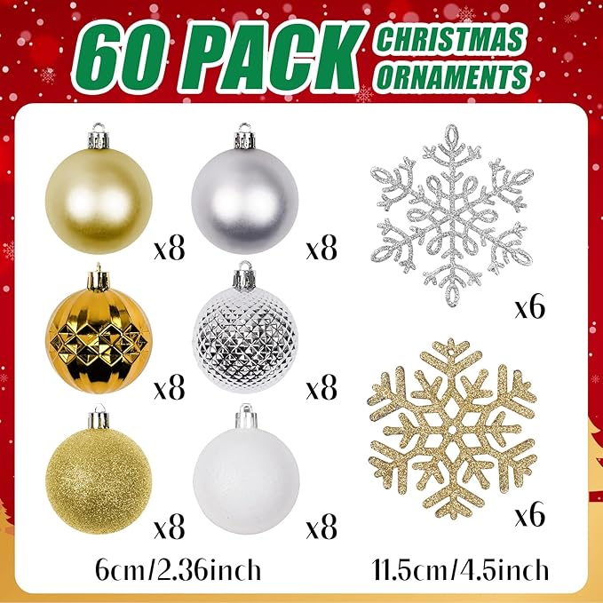 Christmas Tree Decorations Ornament Set, 60ct 2.36 Inches White Sliver and Gold Shatterproof Christmas Ball Ornaments, Hanging Ball for Xmas Holiday Wedding Party Decor