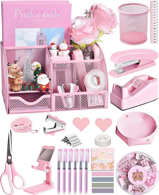 Pink Desk Accessories, 24Pcs Pink Office Supplies and Desk Organizers, with Tape Dispenser, Stapler, Staple Remover, Ect, Christmas Gifts