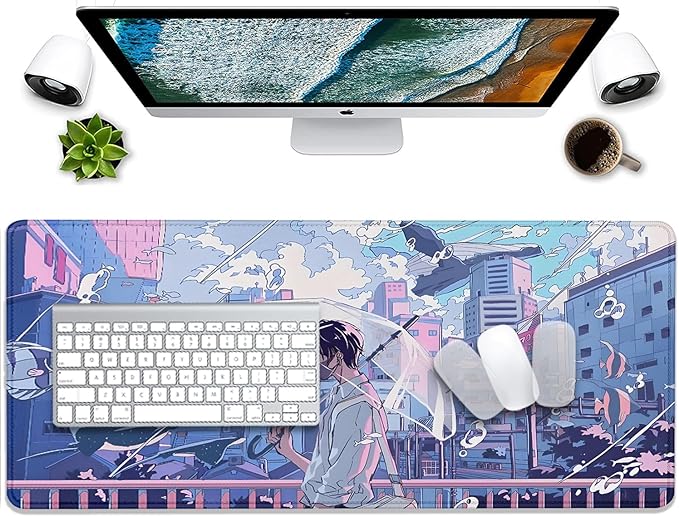 Japanese Fantasy City Boy Mouse Pad Desk Pad,Cute Kawaii Anime Mousepad,Large Extended Gaming Mouse Mat with Stitched Edges Non-Slip Waterproof Rubber Base Mous Mat for Desk Pad(27.5X11.8 in)