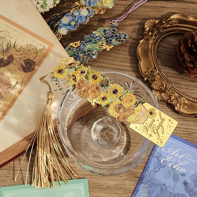 4 Pieces Metal Bookmarks with Tassel, Golden Hollow Bookmark Monet Oil Painting Theme Book Mark Bookmarks for Book Lovers Writers Readers Children Teens for Women Adults Teen
