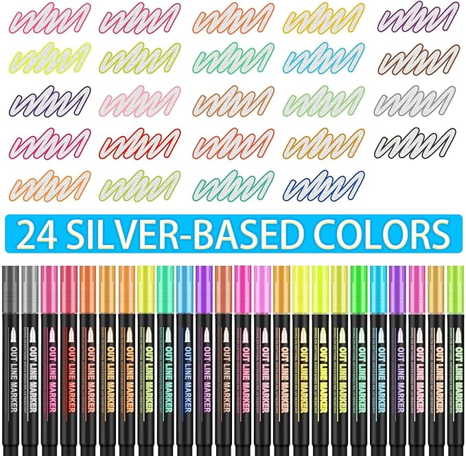 Double Line Outline Markers 24 Colors Super Squiggles Glitter Markers Self Outline Metallic Markers, Doodle Shimmer Markers Drawing Pens for Christmas Greeting Card, Birthday Gift, DIY Art Crafts