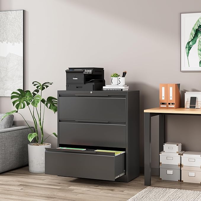 Lateral File Cabinet, 3 Drawer Lateral File Cabinet with Lock, Lockable Metal File Cabinet for Home Office, File Cabinet for Letter/Legal/F4/A4 Size (Black, 3 Drawer)