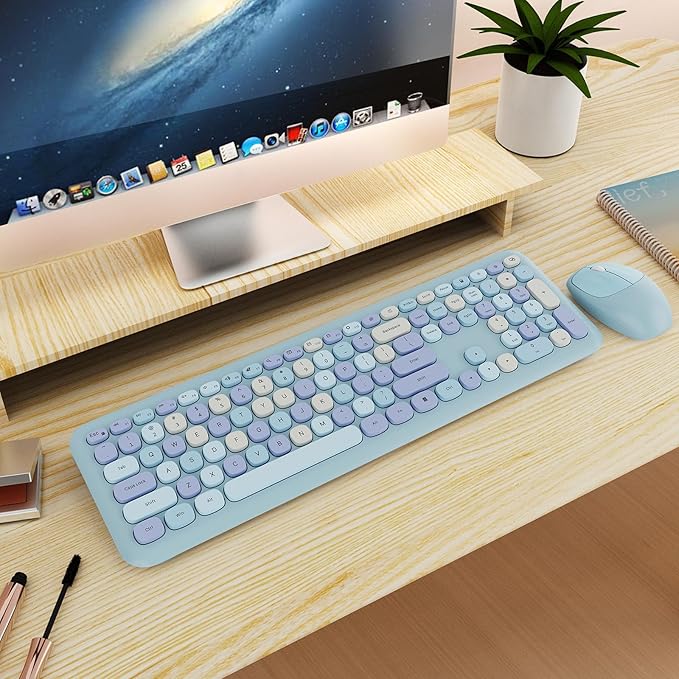 Wireless Keyboard and Mouse Combo, Colorful Ergonomic Full Size Retro Low-Noise Keyboard with Cute keycaps, Compatible with Windows, PC, Perfer for Home and Office Keyboards (Blue)