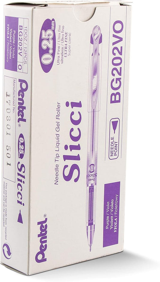 Pentel Arts Slicci 0.25 mm Extra Fine Gel Pen, Violet Ink, Box of 12 (BG202-V)