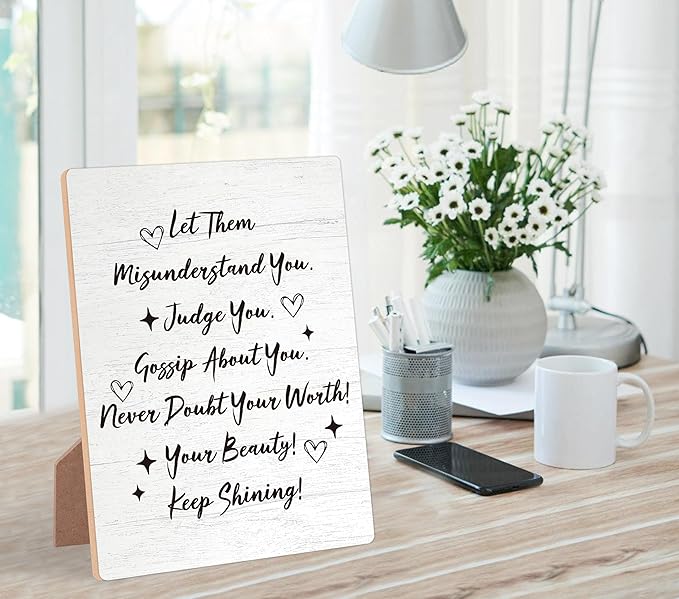 Desk Signs for Office, Mental Health Decorations, Inspirational Desk Decor, Home Decor Living Room, Coworker Gifts, Encouragement Gifts for Women Men Friend, Christian Gifts, Wooden Sign with Stand,4
