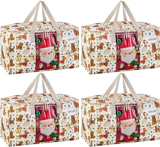 VENO 4 Pack Moving Bags, Large Christmas Storage Bins with lids, Packing Supplies for College, Alternative to Moving Boxes, Foldable, Heavy-Duty Tote, Christmas Pattern (Holiday Pups, 4 Pack)