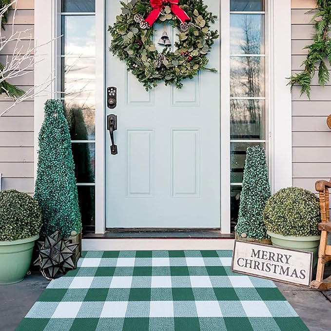 Green & White Plaid Rug, 2'4" x 3'7" Check Indoor/Outdoor Area Rug, Hello/Welcome Door Mat Layering Rug, Machine Washable Cotton Woven Mat for Farmhouse Front Porch, Entryway