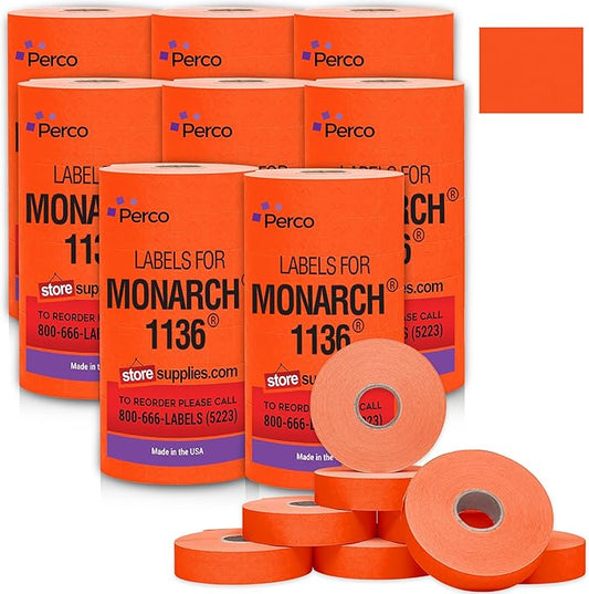 Perco Red Pricing Labels for Monarch 1136 Price Gun - Case of 8 Sleeves, 112,000 Pricemarking Labels Value Pack - with Bonus Ink Rolls Included