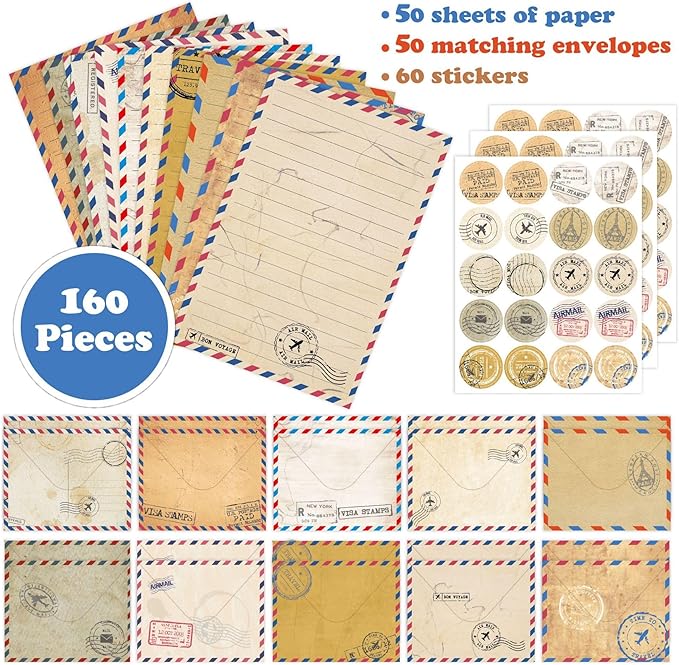 160 Packs Stationery Paper and Envelopes Set 10 Different Designs, 50 One Sided Stationery Writing Papers with 50 Matching Envelopes and 60 Round Dot Sticker, 5.5 x 8.25 Inch (VintageTravel)
