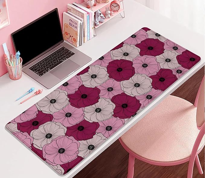 Abstract Floral Mouse Pad Desk Pad,Boho Art Flowers Extended Gaming Mouse Mat with Stitched Edges Non-Slip Waterproof Rubber Base Mous Mat for Office Home Game Desk Pad(27.5X11.8 in)