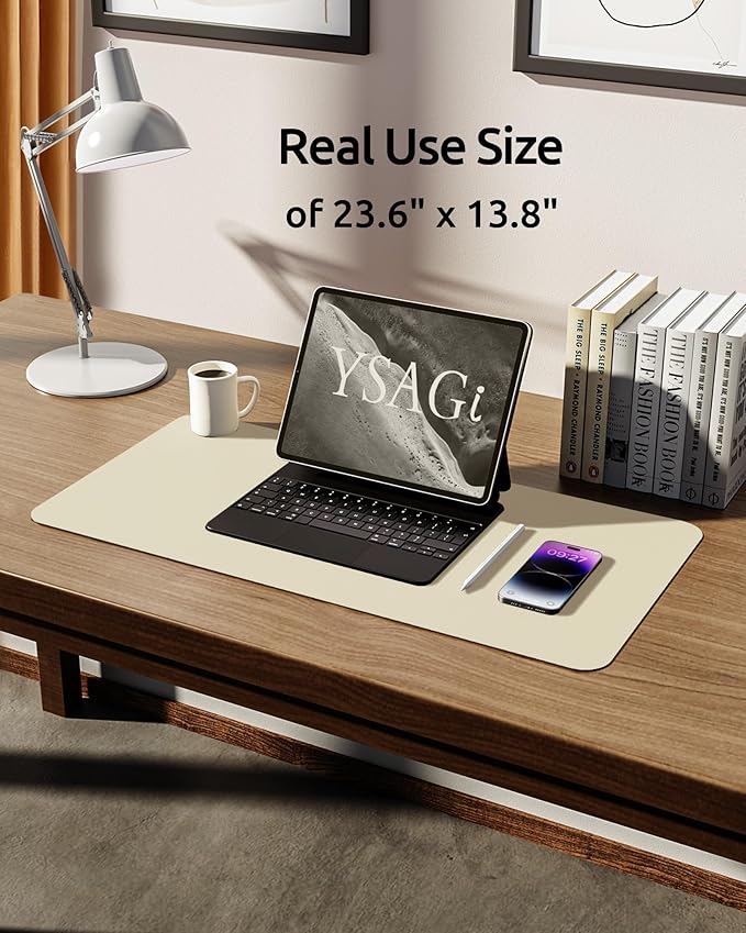 YSAGi Leather Desk Pad Protector, Office Desk Mat, Large Mouse Pad, Non-Slip PU Leather Desk Blotter, Laptop Desk Pad, Waterproof Desk Writing Pad for Office and Home (Cream, 23.6" x 13.8")