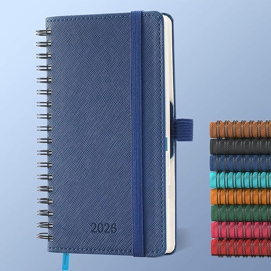 Planner 2026 Daily Weekly and Monthly,6.5"x3.75",12 Months Spiral Bound Calendar Agenda with Self-adhesive Pen Holder,2026 Appointment Book with Vegan Leather Soft Cover,Blue