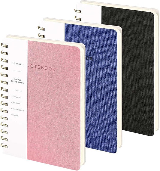 Lined Spiral Notebook College Ruled A5 Journal Book for Note Taking, 160 Pages Writing Journal for Office and Home School Supplies 5.75x8.125 inch (3pack-Pink/NavyBlue/Black)
