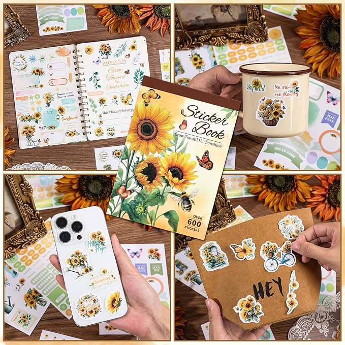 Aesthetic Sunflower Planner Sticker Book 25 Sheets with 600+ Decorative Stickers for Journaling, Scrapbooking, Bullet Journal, Happy Planner, DIY Stationery Supplies Gifts for Women Girls Teens Kids