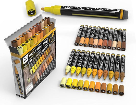 TOOLI-ART 22 Acrylic Paint Markers Paint Pens Pro Color Series Set 3mm Medium Tip for Rock Painting, Glass, Mugs, Wood, Metal, Glass Paint, Canvas, DIY. Non Toxic, Waterbased, Quick Drying (YELLOWS)