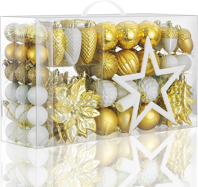 LARAINE Christmas Balls Ornaments 106 Pcs Decorations for Christmas Tree, Shatterproof Hanging Ball Variety Gift Set of Holiday Party Wedding Decoration (Gold&White)
