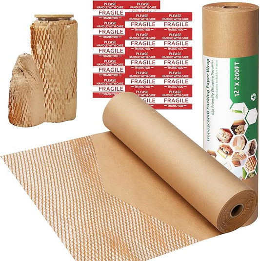 Honeycomb Packing Paper Wrap 12"x200' Recycled Bubble Cushioning Wrap Roll Eco Friendly Shipping Boxes Moving Wrap Packing Supplies Material with 20 Fragile Sticker Labels