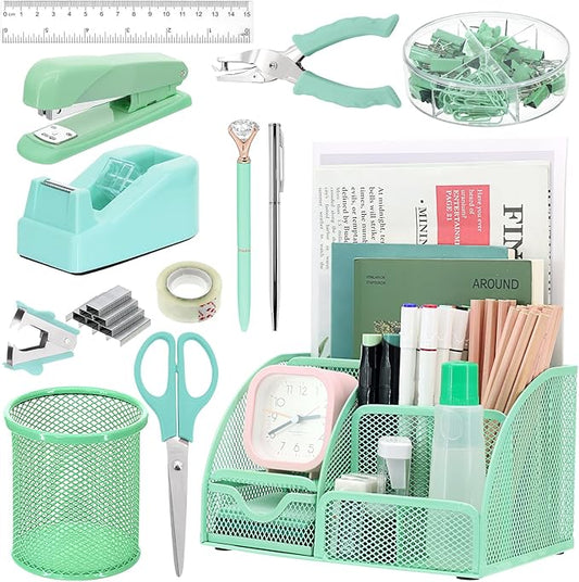 13-in-1 Office Desk Organizer Set with Stapler and Tape Dispenser, Pen Holder, Scissors, Ruler, Hole Punch, 2 Pens & More Desktop Accessories for Back to School Supplies (Green)